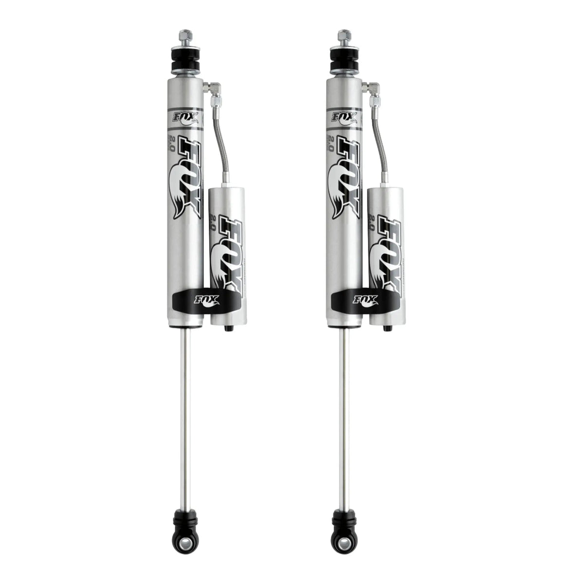 Dodge Ram 2500/3500 Fox shocks, silver monotube reservoirs with black graphics and extended shafts